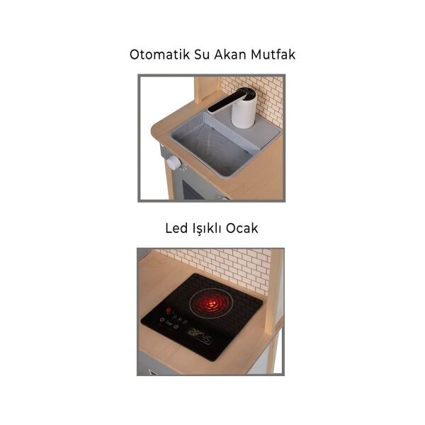T1030 AHŞAP SU AKAN MUSLUKLU VE LEDLİ ÇOCUK MUTFAĞI YEŞİL